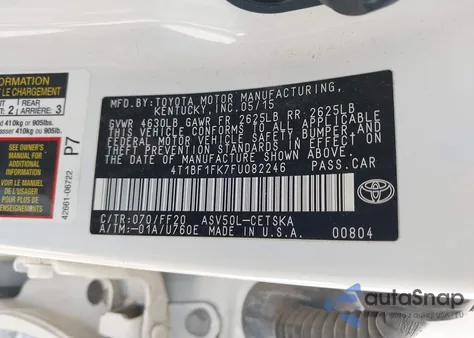 2015 Toyota Camry Se z USA, uszkodzony, nr VIN 4T1BF1FK7FU082246